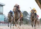 Streamline turns back Terra Promessa (inside) and Torrent (outside) to take the Bayakoa Stakes at Oaklawn Park