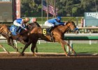 Selcourt holds on for the victory by three quarters of a length in the Las Flores Stakes at Santa Anita