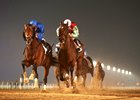 Thunder Snow (outside) wins the Al Maktoum Challenge Round 2 at Meydan Racecourse