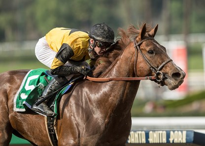 West Point Thoroughbreds' Kanthaka and jockey Flavien Prat win the G2, $200,000 San Vicente Stakes, Saturday, February 10, 2018 at Santa Anita Park, Arcadia CA.