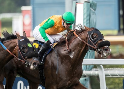 Om and jockey Flavien Prat, right, outleg, Bowies Hero (Corey Nakatani), left, to win the G3, $100,000 Thunder Road Stakes, Saturday, February 10, 2018 at Santa Anita Park, Arcadia CA.