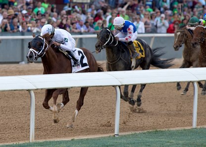 Hedge Fund and Jose Ortiz winning the Essex Handicap at Oaklawn Park on 3-17-18.