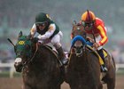 Bolt d'Oro (outside) and McKinzie (inside) battle down to the wire in the San Felipe Stakes at Santa Anita Park