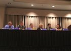 A panel discusses sexual harassment at the National HBPA convention, including Richard Riedel, Dan Waits, Jennifer Johnson, Loretta Brennan, Danielle Barber, and Lynne Schuller