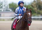 Joe Bravo after winning the Muniz Memorial Handicap aboard Synchrony