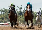 Bobby Abu Dhabi (inside) holds off Ransom the Moon to win the Kona Gold Stakes at Santa Anita Park