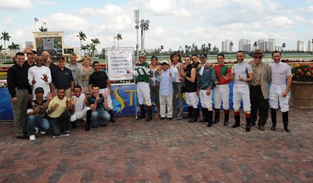 Edgar Prado celebrates his 6000th victory at Gulfstream park, Florida 2/10/08...