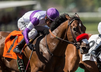 Reddam Racing's B Squared and jockey Mario Gutierrez win the $100,000 Thor's Echo Handicap, Saturday, April 14, 2018 at Santa Anita Park, Arcadia CA.