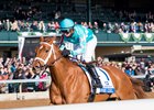 Monomoy Girl is all alone at the finish of the Ashland Stakes at Keeneland