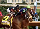 Something Awesome (#4) with Edgar Prado win the 10th Running of the Charles Town Classic (GII) over War Story (#5) with Javier Castellano on April 21, 2018.