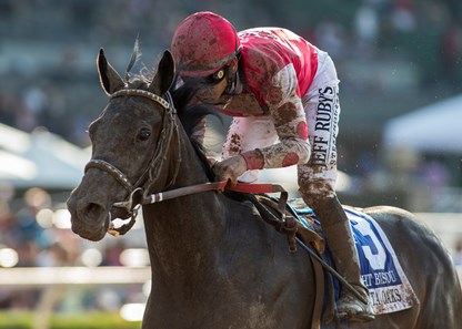 Midnight Bisou and Mike Smith win the G1 $400,000 Santa Anita Oaks Saturday, April 7, 2018 at Santa Anita Park, Arcadia, CA.