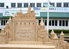 A sand castle in front of the William Hill Sports Book at Monmouth Park