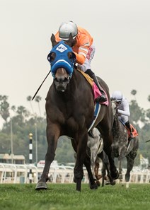 Cordiality and jockey Gary Stevens win the $100,000 Fran's Valentine Stakes, Saturday, May 19, 2018 at Santa Anita Park, Arcadia CA