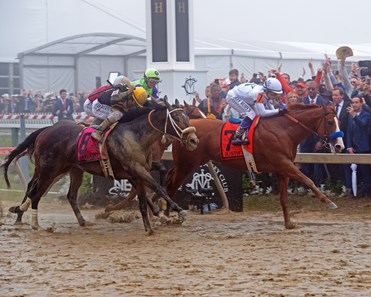 Justify with Mike Smith wins the Preakness Stakes (G1) at Pimlico during Preakness week on May 19, 2034 Pimlico in Baltimore, Maryland.