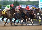 Tale of Silence (inside) edges a trio of challengers to win the Westchester Stakes at Belmont Park