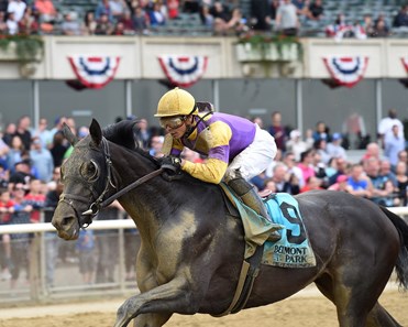 Midnight Disguise wins the 2018 Bouwerie Stakes at Belmont Park.