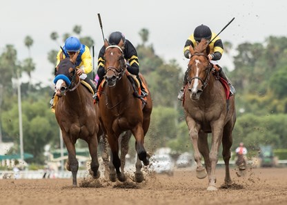 West Point Thoroughbreds' Kanthaka and jockey Flavien Prat, right, outleg, Zulfikhar (Martin Garcia), left, and Beautiful Shot (Kent Desormeaux), second from left, to win the G3, $100,000 Lazaro Barrera Stakes, Saturday, May 12, 2018 at Santa Anita Park, Arcadia CA.