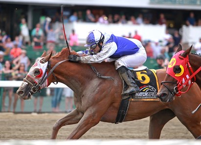 Page McKenney with Horacio Karamonanos riding won the $100,000 Grade III Salvator Mile at Monmouth Park in Oceanport, New Jersey on Saturday May 26, 2018.