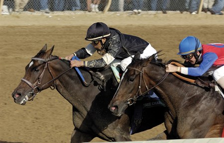 Keeneland racing on Oct. 5, 2003, near Lexington, Ky., including the Spinster Stakes (gr. I) and WinStar Galaxy (gr. II)
Caption: Take Charge Lady with Edgar Prado up defeats You with Jerry Bailey to win the Spinster (gr. I).
KeenelandRacingOrigs1
Image12
Photo by Anne M. Eberhardt