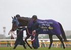 Jour Polaire is led to the winner's circle after her victory in the Victoria Mile at Tokyo Racecourse