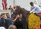 Jockey Mike Smith aboard Justify after winning the 143rd running of the Preakness Stakes May 19, 2018 in Baltimore, MD