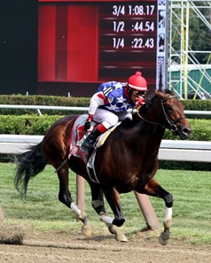 Runhappy with Edgar Prado win the King's Bishop Stakes at Saratoga on August 29, 2015