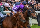 Merchant Navy and jockey Ryan Moore (purple cap) edge City Light in the Diamond Jubilee at Royal Ascot