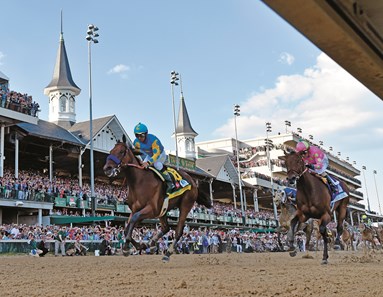 American Pharoah with jockey Victor Espinoza in the irons wins the 141st Kentucky Derby May 2, 2015 at Churchill Downs in Louisville, Kentucky.