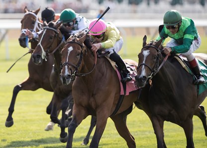 Fourstar Crook and Irad Ortiz Jr. winning the New York Stakes at Belmont Park on June 8, 2018.