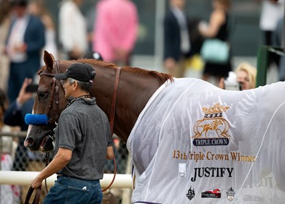 Justify wins The Belmont Stakes at Belmont Park on June 9th 2018, jockey Mike Smith up