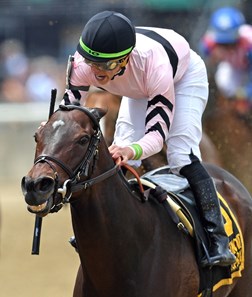 (June 8, 2018) Lewis Bay and jockey Irad Ortiz Jr., react to their win in the Gr.3 Bed O' Roses Invitational at Belmont...