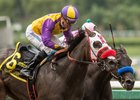 Ollie's Candy (outside) edges Thirteen Squared in the Summertime Oaks at Santa Anita Park