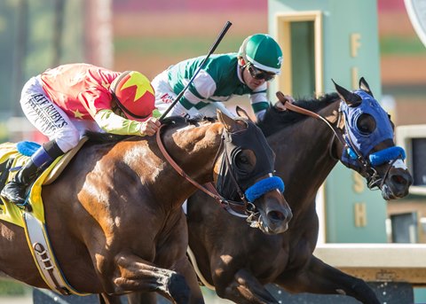 American Anthem (outside) just holds off St. Joe Bay in the San Carlos Stakes at Santa Anita Park