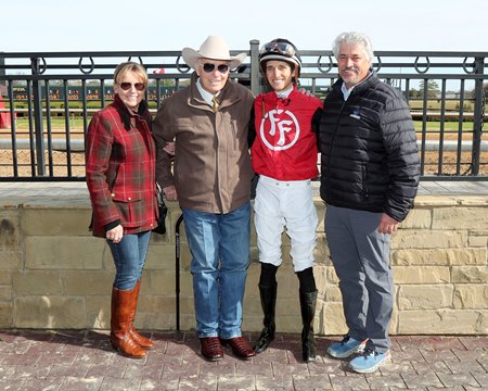 Laurie Lukas, D. Wayne Lukas, Keith Asmussen, and Steve Asmussen in 2023 after Keith's first win at Oaklawn Park 