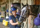 Trainer Melanie Giddings spends some quality time with her stakes winning filly Maple Leaf Mel in her barn at the Oklahoma Training Center adjacent to the Saratoga Race Course July 12, 2023 in Saratoga Springs, N.Y..  Photo by Skip Dickstein