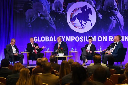 Scott Daruty, far right, participates on a panel at the 2023 Global Symposium on Racing discussing computer-assisted wagering.