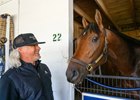 Brook Smith, a co-owner of Sierra Leone, with the 3-year-old at the Chad Brown barn and at the Backside Learning Center with Sherry Stanley. Morning training at Churchill Downs on April 23, 2024. . 

