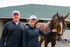 (L-R): Lance Gasaway and his fiance Bobbie Jo Harris with Mystik Dan, after getting a bath
Morning training at Churchill Downs on April 27, 2024. . 

