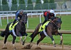 April 27, 2024: Domestic Product (L) and stablemate Sierra Leone working five furlongs Saturday morning at Churchill Downs...