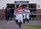 Jockeys walk out of the weighing room for the 2m novices handicap hurdle
Huntingdon 10.2.22 Pic: Edward Whitaker