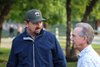 Trainer Michael McCarthy speaks the Hall of Fame Jockey Jerry Bailey on Friday morning at Pimlico. Photo By Bill Denver/MJC