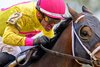 Flavian Prat race riding on #2 Top Gunner in race 4 for the French jockeys feature for BloodHorse magazine at Keeneland on April 13, 2025, in Lexington, Ky.