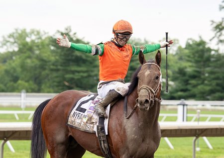 Umberto Rispoli celebrates aboard Journalism after the colt's victory in the Haskell Stakes at Monmouth Park