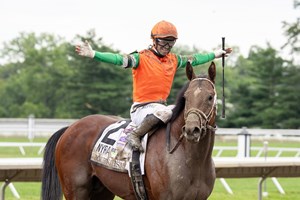 Umberto Rispoli celebrates aboard Journalism after the colt's victory in the Haskell Stakes at Monmouth Park