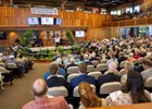 Former voice of New York racing Tom Durkin was the MC at the Hall of Fame inductions held at the Fasig Tipton Sales Pavilion Friday August 1, 2025 in Saratoga Springs, N.Y. Skip Dickstein Photo