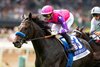Heavily-favored Johannes and jockey Umberto Rispoli cruise up on the outside to overtake Cabo Spirit and Almendares to score an easy victory in the Grade II $200,000 City of Hope Mile for the second-straight year on Saturday, September 27, 2025 at Santa Anita Park, Arcadia, CA.  
Benoit Photo