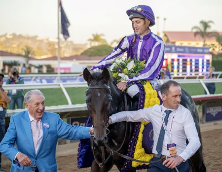 Christophe Soumillon and Gstaad after winning the Breeders' Cup Juvenile Turf at Del Mar