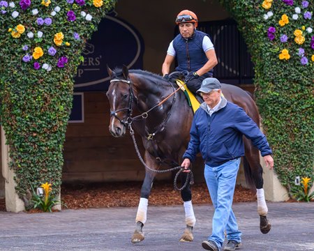 Bill Mott walks Sovereignty in the paddock at Del Mar