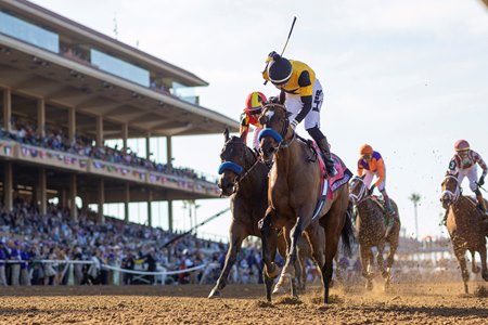 Super Corredora holds off Explora in the Breeders' Cup Juvenile Fillies at Del Mar