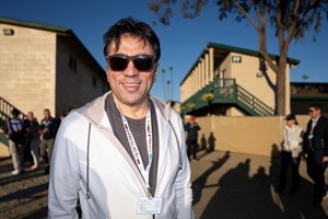 Kia Joorabchian enjoys a morning on the backstretch at Del Mar